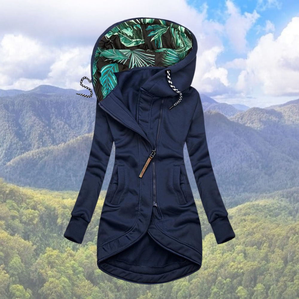 Damen Lange Freizeitjacke mit Kapuze | Reißverschluss