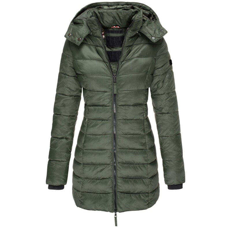 Damen Langer Winter-Pufferjacke | Kapuze
