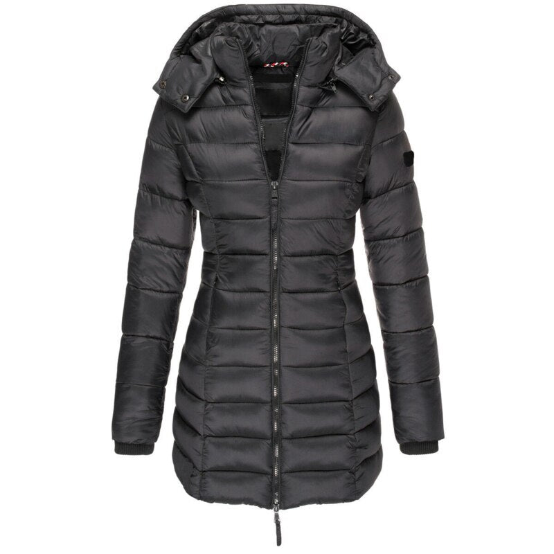Damen Langer Winter-Pufferjacke | Kapuze